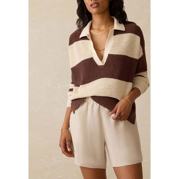 Faherty Sweaters - Faherty Miramar Linen Polo Sweater in Cocoa Rugby Stripe Cream, Brown Size L